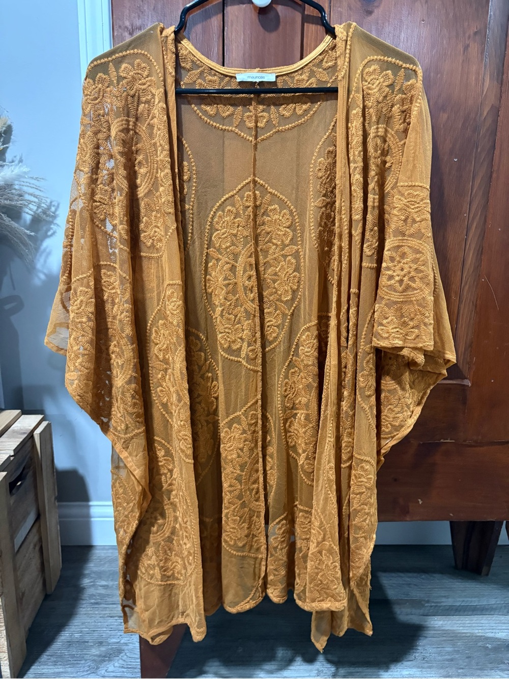 Maurices Embroidered Sheer Kimono Cardigan in Mustard
